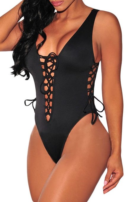 HOTAPEI Women V Neck Lace up High Cut One Piece Swimsuit