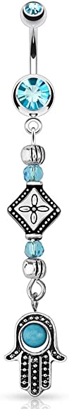 PIERCE ME Turquoise Bead Hamsa and Cascading Tribal Beads Dangle Navel Ring 14G 3/8"