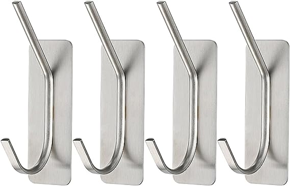 JQK Self Adhesive Towel Hook Brushed, No Drill Stick on Coat Robe Clothes Wall Hook for Bathroom Kitchen Garage 4 Pack, 304 Stainless Steel Brushed Steel, ATH200-BN-P4