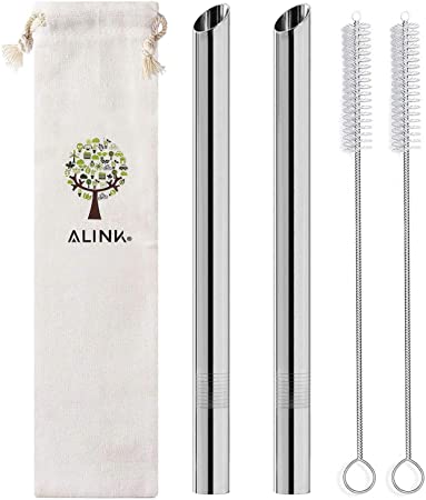 ALINK Reusable Boba Straws, 1/2" Wide Stainless Steel Metal Smoothie Straws for Bubble Tea/Tapioca Pearl, Milkshakes, 2 Straws   2 Cleaning Brush   1 Case-Silver