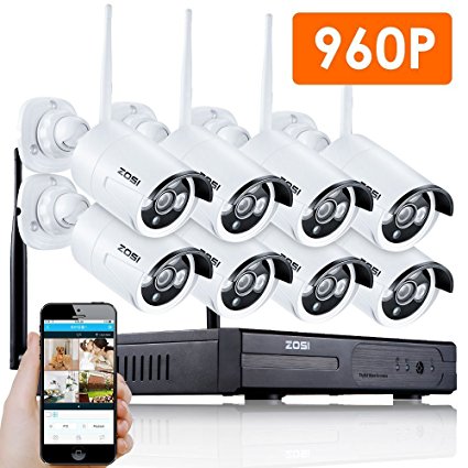 [Better Than 720P]ZOSI 8 Channel 960P HD NVR P2P High Definition Outdoor Indoor Built-in IR-CUT Video Surveillance Home Video Stable Security wireless Camera System Support QR Code Scan Remote View NO HDD