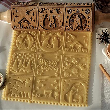 XINBADA Nativity Pattern Xmas Christmas Wooden 3D Embossing Rolling Pin with 9 Different Scene Design for Baking Embossed Cookies