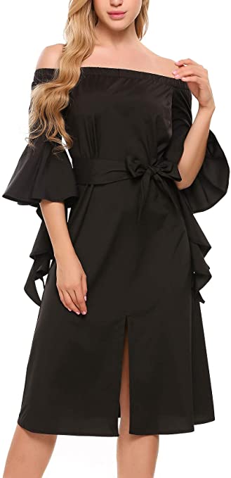 ACEVOG Women's Midi Dress Long/Short Sleeve Mock Neck See Through Lace Cocktail Party Dress