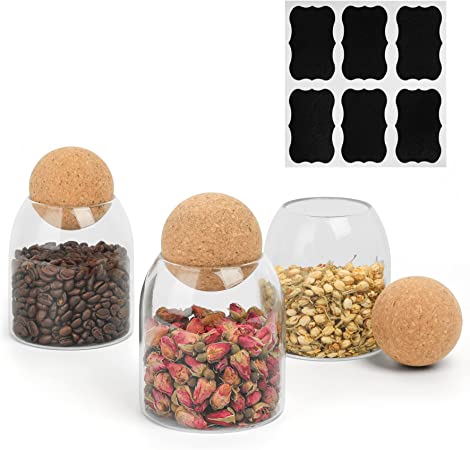 ComSaf 480ml/16Oz Glass Storage Container with Ball Cork, 3Pcs Glass Jar with Cork Lid, Round Cork Glass Bottle, Small Candy Jar with Wood Ball Lid for Food, Coffee, Sugar, Spice, Tea, DIY Decoration