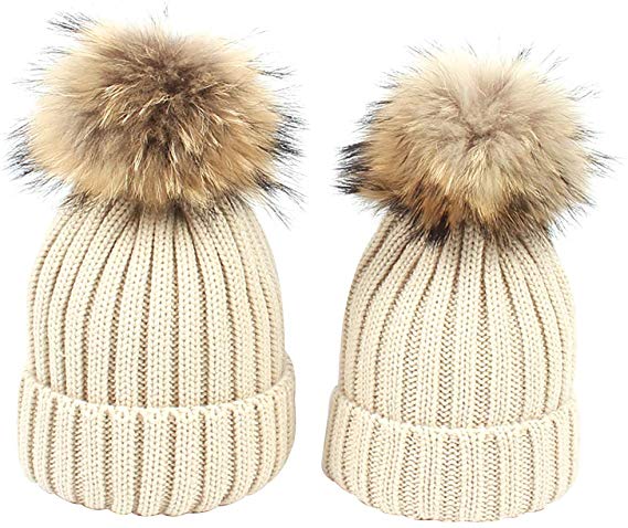 Mother Daughter Matching Hats 2pcs Matching Beanies Parent-Child Winter Warm Crochet Knit Beanie Hat with Pom Pom Balls