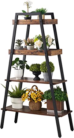 VECELO Industrial Ladder Shelf, 4 Tier Leaning Bookshelf Storage Bookcase Rack, Plant Flower Stand, Utility Organizer Shelves for Office, Living Room, Wood & Steel