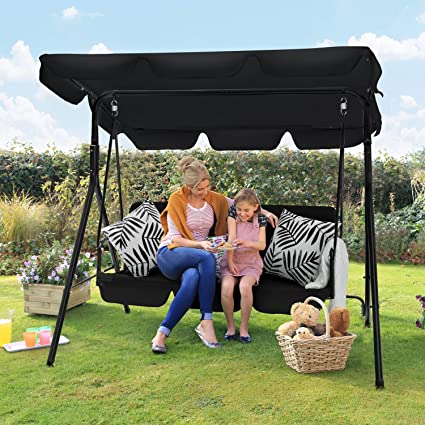 Flamaker Patio Swing Chair, Outdoor Canopy Swing, Backyard Swing with Adjustable Canopy and Removable Cushion, Hanging Swing Glider for Patio, Garden, Poolside, Balcony, Backyard (Black)