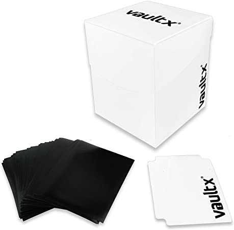 Vault X Deck Box and 150 Black Card Sleeves - Large Size for 120-130 Sleeved Cards - PVC Free Card Holder for TCG (White)