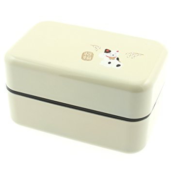 Kotobuki 2-Tiered Bento Box, White Maneki Neko Lucky Cat