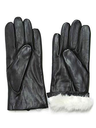 FOWNES Women's Rabbit Fur Lined Black Napa Leather Gloves
