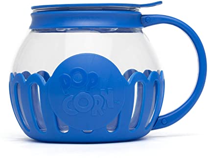 Microwave Popcorn Popper, Borosilicate Glass, 3-in-1 Lid, Dishwasher Safe, 1.5 Quart - Snack Size, Blue