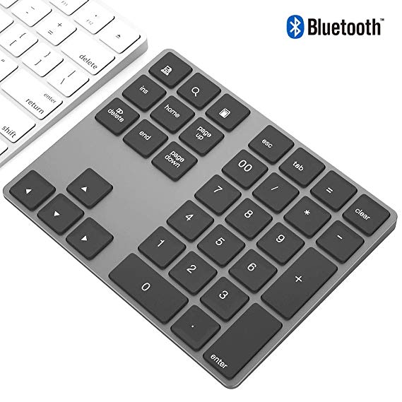 Rechargeable Bluetooth Wireless Numeric Keypad for Laptop, Portable Aluminum 34 Key Shortcuts Digital Entry Number pad Compatible with Apple iMac, MacBook Pro, iPad Pro, Surface (Space Grey)