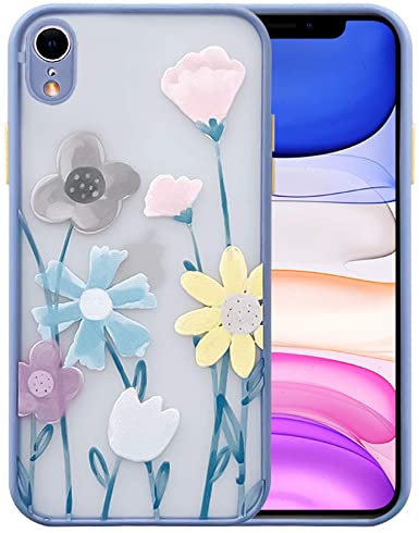 Ownest Compatible with iPhone XR Case for Clear Frosted PC Back 3D Floral Girls Woman and Soft TPU Bumper Protective Silicone Slim Shockproof Case for iPhone XR-Navy Blue