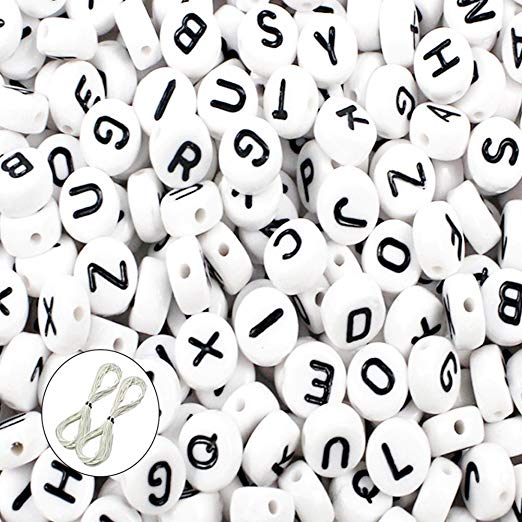 JPSOR 600pcs 4x7mm Acrylic White Round Letter Beads for Bracelets and Jewelry Making,with Thread & Pouch (A)