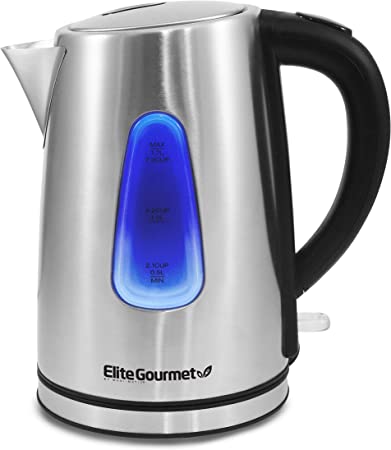 Elite Gourmet EKT-1271# Ultimate 1.7 Liter Electric Kettle – Stainless Steel Design & Cordless 360° Base, Stylish Blue LED Interior, Handy Auto Shut-Off Function – Quickly Boil Water For Tea & More