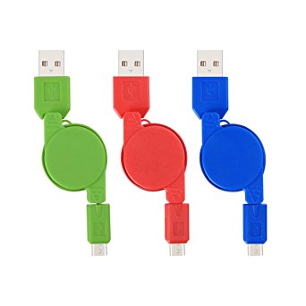 Micro USB Retractable Cable, BestElec 3-Pack High Speed 2.5ft USB 2.0 A Male to Micro B Sync & Charge Cable for Android, Samsung, HTC and More (Blue, Green, Red)