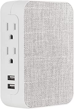 GE Pro 5 Outlet 2 USB Fabric Wall Tap Surge Protector, Side Access, Designer Power Adapter, Plug in Extender, 560 Joules, Gray/White, 43436