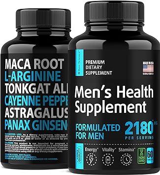 Energy Boost, Muscle Building - Black Maca Root, Tongkat Ali, Muira Puama, L Arginine, Panax Ginseng, Nitric Oxide Male Supplement, Mens Fertility, Longjack Capsules for Vitality, Stamina, 60 Capsules