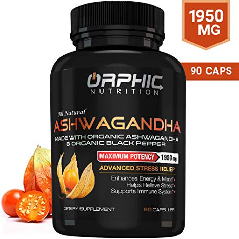 Organic Ashwagandha Capsules With Black Pepper 1950 mg | Anti-Anxiety Supplements For Stress Relief, Mood Boost & More Energy | All Natural, Non-GMO & Gluten-Free | Orphic Nutrition 90 Veggie Capsules