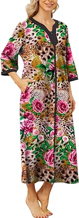 Bloggerlove House Dresses for Womens Robe Long Zip Up House Coat Half Sleeve Night Gowns Comfy Sleepwear Print Loungewear