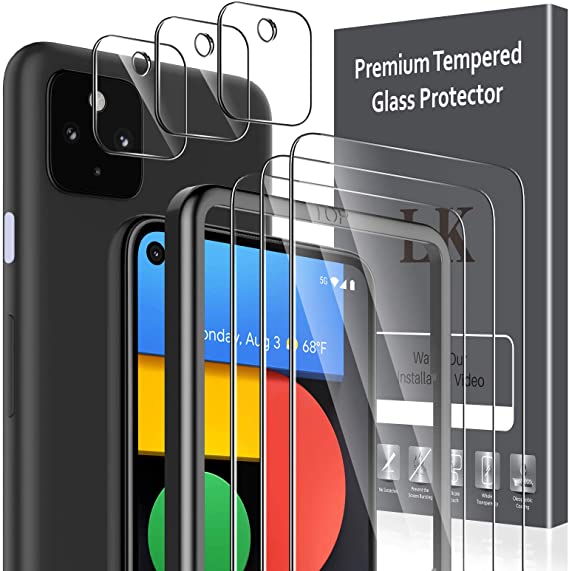 6 Pack LK 3 Pack Screen Protector   3 Pack Camera Lens Protector for Google Pixel 4a 5G -inch 6.2, Not Fit for Pixel 4a 4G -inch 5.8, Tempered Glass, Easy Frame Installation, HD Ultra-Thin