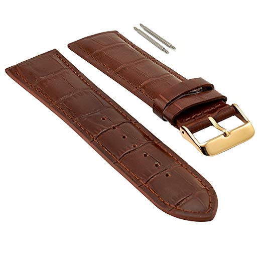 Mens Brown Genuine Leather Replacement Watch Strap, 18MM, 20MM, 22MM, 24MM, Gold, Silver, Long, Crocodile, L