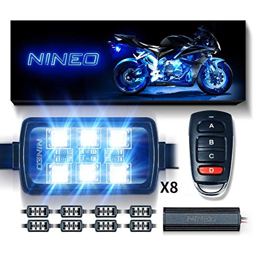 NINEO Motorcycle RGB LED Strip Lights Kit Multi-Color Neon w/Remote Controller for ATV UTV Cruiser Harley Davidson Ducati Suzuki Honda Triumph BMW Kawasaki Yamaha (Pack of 8)