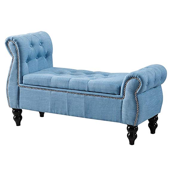 DWW Large Upholstered Storage Sofa Bench with Lifting Top, Rectangular Ottoman Storage Chest, Button-Tufted Fabric Bed End Stool, Blue (Color : Blue, Size : 90cm)