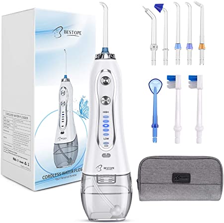 BESTOPE Water Flosser for Teeth 300ML Cordless Portable Water Pick Dental Oral Irrigator Teeth Cleaner with 5 Modes and 8 Jet Tips, IPX7 Waterproof, USB Charged for 30 Days Use