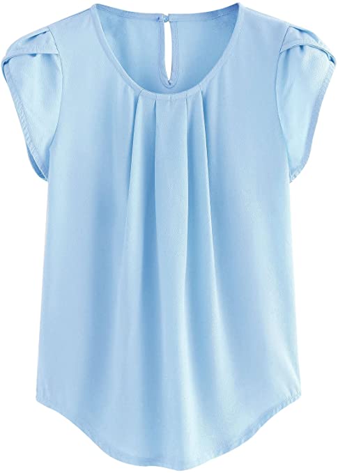 Milumia Women's Casual Round Neck Basic Pleated Top Cap Sleeve Curved Keyhole Back Blouse