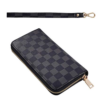 Long Clutch Wallet for Women, Fashion Checkered Zip Around Wristlet Wallet, Ladies Phone Purse With Card Holder Organizer