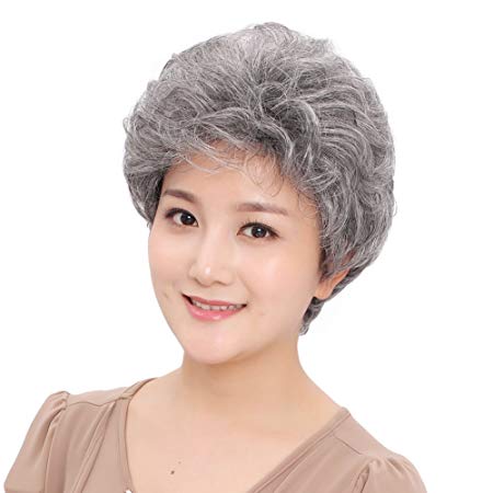 BESTUNG Short Silver Gray Synthetic Wigs Fluffy Little Curly Wavy Mom Grey Costume Wigs For Old Middle Age Women Office Lady (Silver Grey)