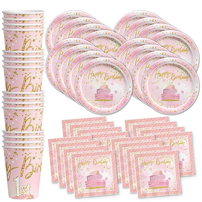 Pink and Gold 1st Birthday Party Supplies Set Plates Napkins Cups Tableware Kit for 16