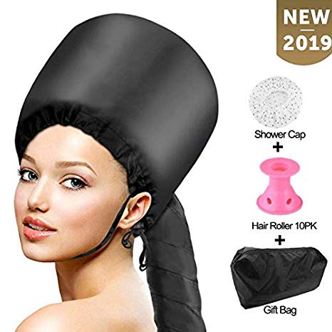 Bonnet Hood Hair Dryer Attachment Set - Soft Adjustable Hooded Bonnet for Hand Held Hair Dryer - Mask Cap for Drying Styling Curling Deep Conditioning, Hair Rollers Included