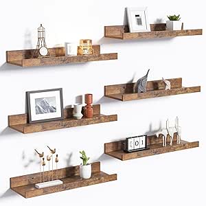 upsimples Floating Shelves for Wall, Wall Shelves for Decor Storage Set of 6, Wall Mounted Wood Shelves for Bedroom, Living Room, Bathroom, Kitchen, Picture Ledge Shelves, Brown