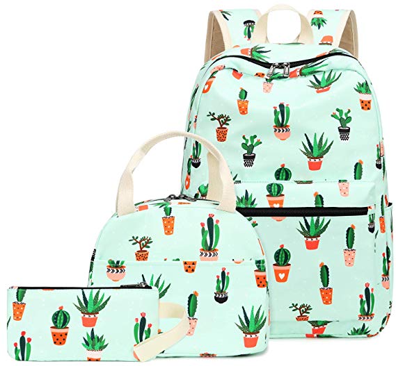 Teen Girls Backpack School Book Bag Set with Lunch Box and Pencil Case for Kids and Children (Cactus Green-0042)