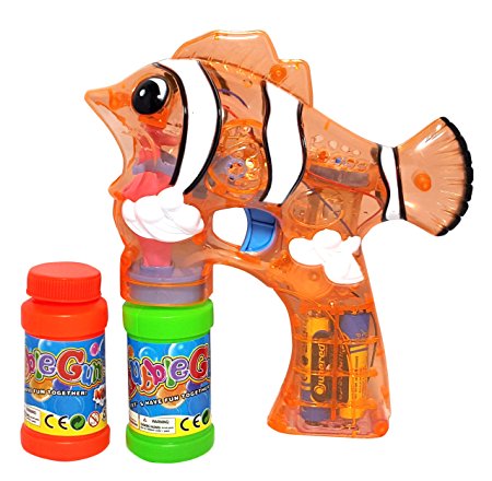 Haktoys 1800F Cartoon Fish Bubble Shooter Gun  with LED Lights, 3 x AA Batteries, and Extra Bottle - Colors May Vary