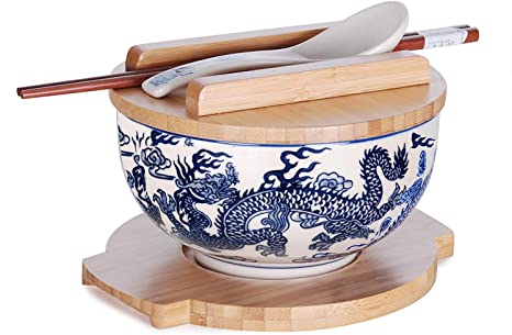 Happy Sales HSKM-DRGNB2, Japanese Kamameshi Vintage Style Rice Noodle Ramen Bowl with Bamboo Lid Trivet Chopsticks and Porcelain Spoon Bowl Set, Royal Dragon