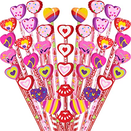 Zonon 40 Pieces Valentines Pencils Assortment with Giant Heart Shaped Eraser Topper, Colorful Hearts Animals Fruits Alphabet Wooden Pencil for School Classroom Incentives Party Favor Supplies