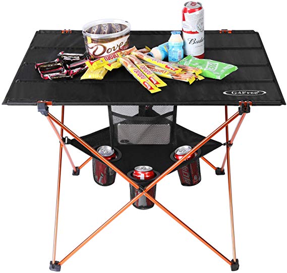 G4Free Folding Camp Table Lightweight Large Portable Camping Table with 4 Cup Holders and Carrying Bag for Indoor Outdoor Picnic BBQ Beach Hiking Travel Fishing