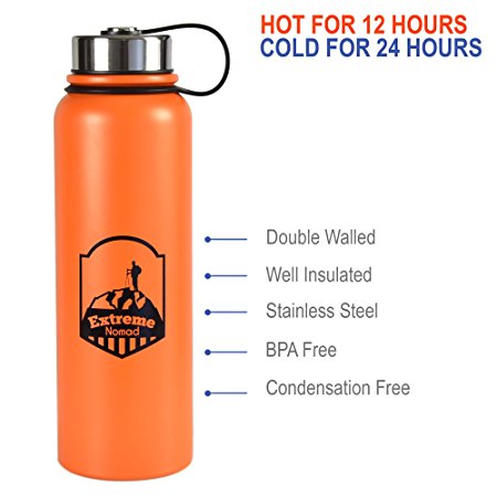 Stainless Steel Water Bottle -- 40 oz Wide Mouth -- Double Walled Vacuum Insulated -- BPA Free
