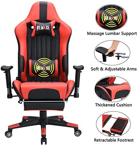 Remaxe Office Chair Gaming Chair with Retractable Footrest, High-Back Racing Chair Ergonomic Swivel PC Chair,PU Leather Executive Home Computer Chair with Headrest and Lumbar Massager Cushion，Red