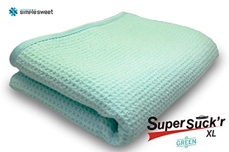 Microfiber Drying Towel - Waffle Weave, 36x25 inch Large, Green - Dealer Certified, South Korean Yarn - Chamois Shammy Cleaning Cloth Not Even Close - SimpleSweet Super Suck’r