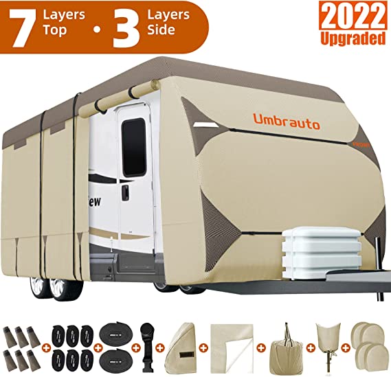 Umbrauto Travel Trailer RV Cover 2022 Upgraded 7 Layers Top 3 Layers Side Waterproof Camper Cover for 16' to 18' RV with 4 Trailer Tire Covers,Tongue Jack Cover,Gutter Cover and Extra Windproof Ropes