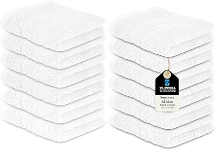 ZUPERIA Supreme Edition Washcloths, 12 x 12 Inches, 100% Cotton Lint-Free Bath Washcloths Towels, Bath Wash Cloth for Luxurious Experience (Set of 12, White)