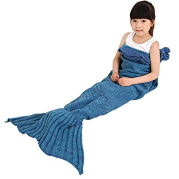 Childs Mermaid Tail Blanket Soft Crochet Blanket for Bed Sofa Couch, Knitted Mermaid Blanket for Girls, All Seasons Warm Cozy Living Room Sleeping Bag,Mermaid Blanket for Childs Lake Blue 56" x 28"