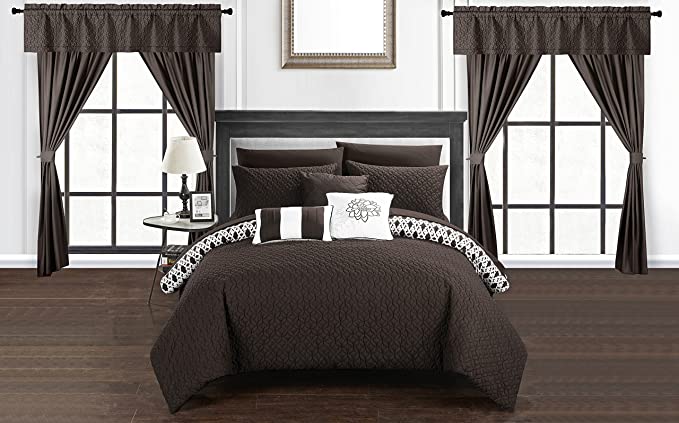 Chic Home Sigal 20 Piece Comforter Set Reversible Geometric Quilted Design Complete Bed in a Bag Bedding – Sheets Decorative Pillows Shams Window Treatments Curtains Included Queen Brown