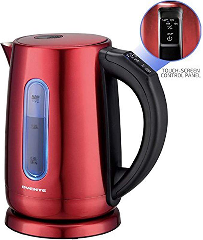 Ovente KS58R Stainless Steel Electric Kettle with Touch Screen Control Panel, 1.7L, Red
