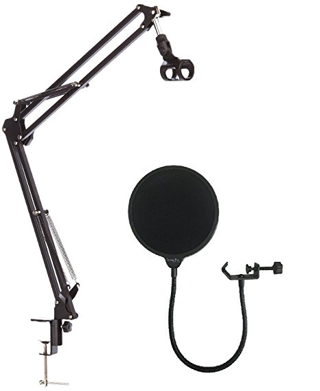 Dragonpad USA Microphone Suspension Boom Scissor Arm Stand with Pop Filter Bundle