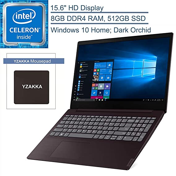 2020 Lenovo IdeaPad S145 15 15.6" Laptop Computer, Intel Celeron 4205U 1.8GHz, 8GB DDR4 RAM, 512GB SSD, 802.11ac WiFi, Bluetooth 4.1, USB 3.1, HDMI, Dark Orchid, Windows 10 Home, YZAKKA Mouse Pad